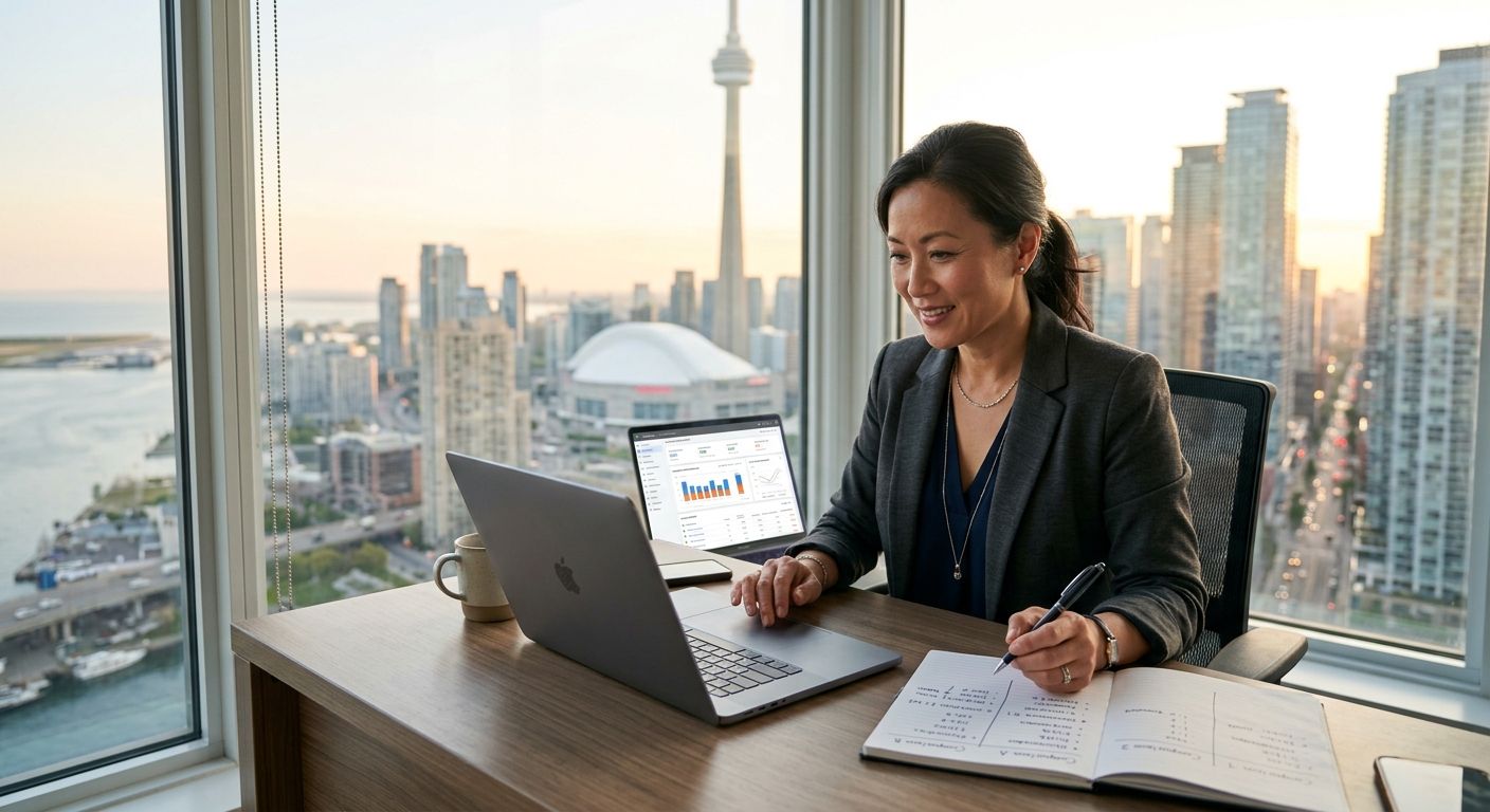 Toronto business owner reviewing Google Ads pricing options on a laptop with a dashboard visible, while overlooking the city skyline from a modern office, holding a pen over a notepad comparing pricing structures.