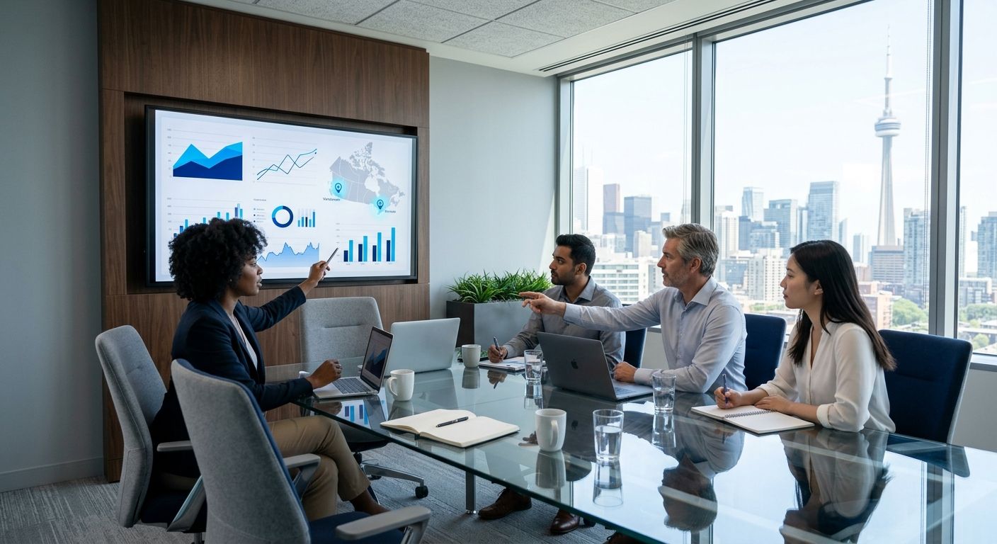 A diverse team of professionals in a sunlit Toronto office reviewing data-driven marketing charts and a Canadian map on a large screen.