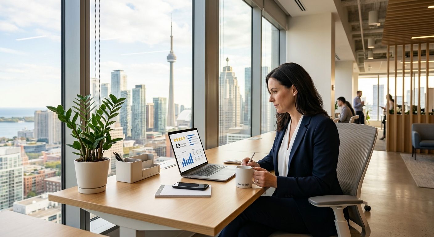 Business owner viewing reputation management dashboard on laptop in a modern Toronto office with city skyline visible