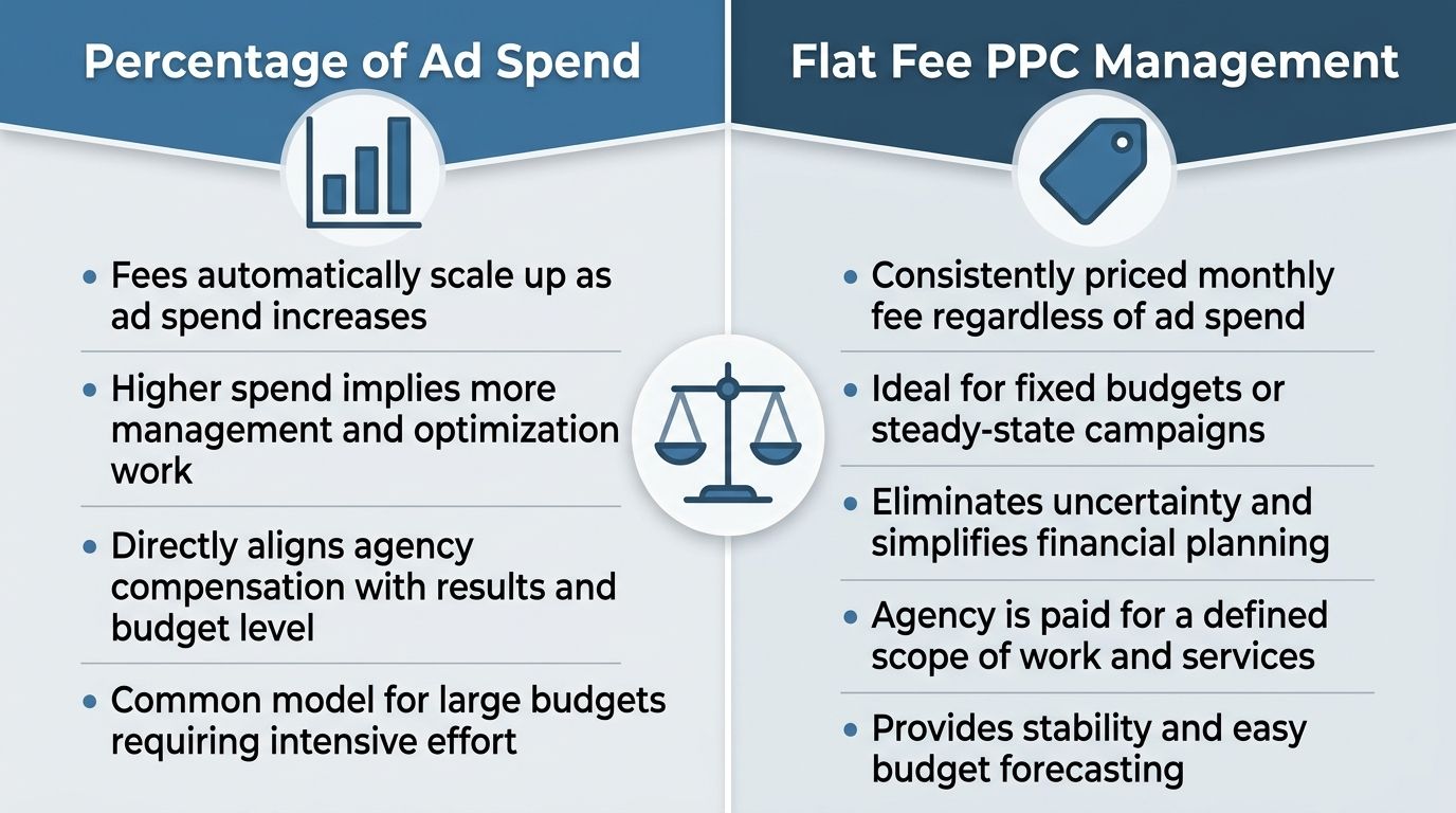 Infographic comparing percentage of ad spend and flat fee models for Google Ads management in Toronto, Ontario.