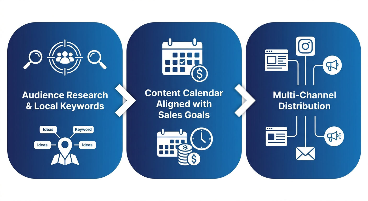 Horizontal three-step process flow diagram illustrating stages of creating a local content marketing plan, from audience research to content calendar to multi-channel distribution