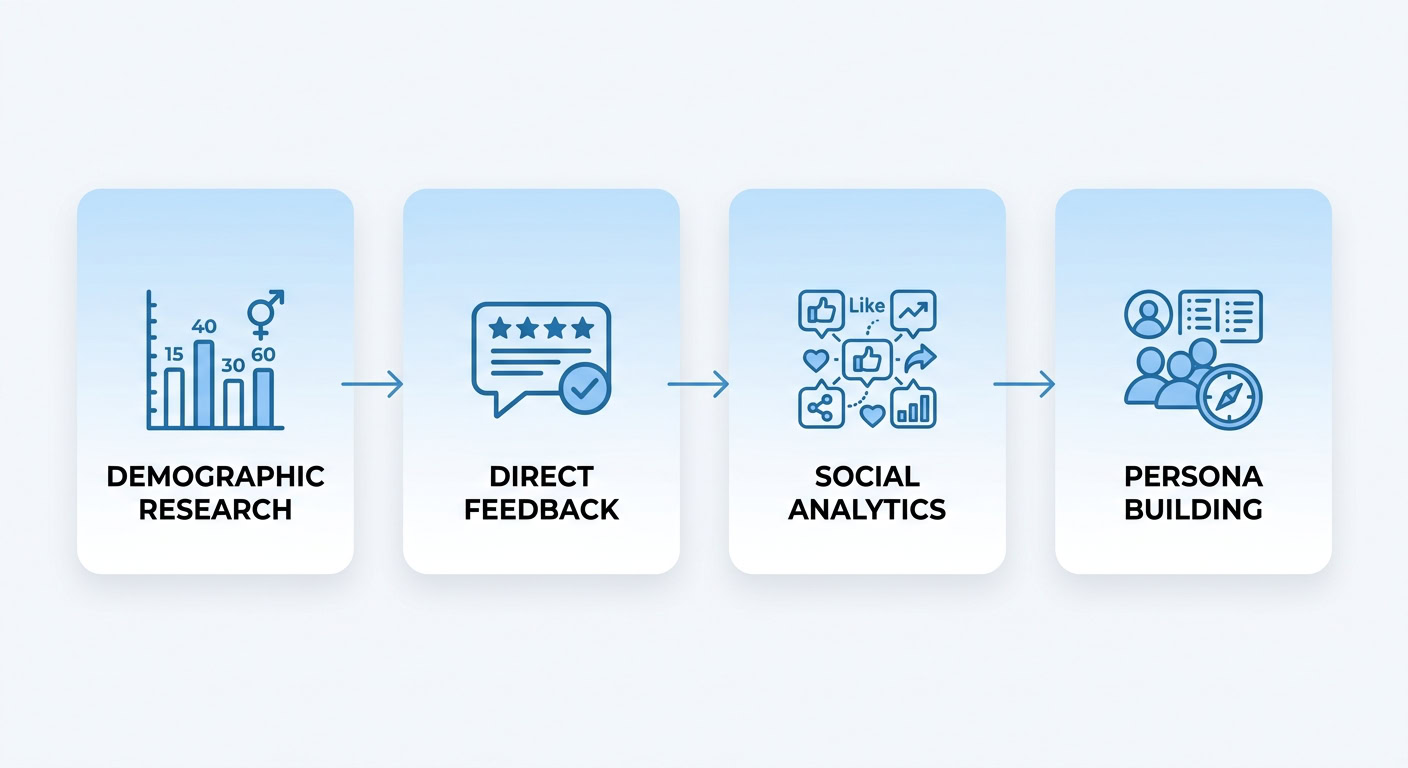 Infographic showing four steps of audience analysis for Canadian local businesses: demographic research, direct feedback, social analytics, and persona building.
