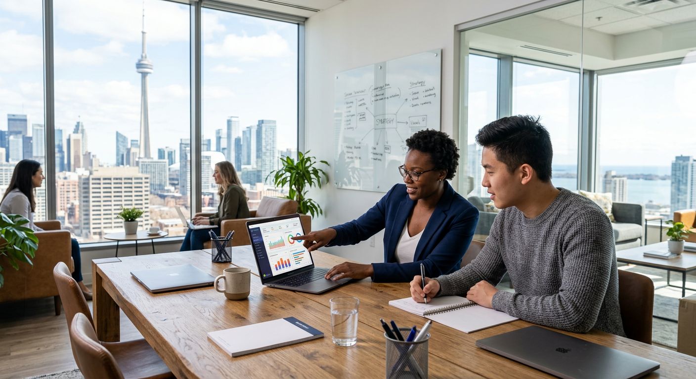 Diverse digital marketing team collaborating in a modern Toronto office with skyline view, analyzing performance data on a laptop.