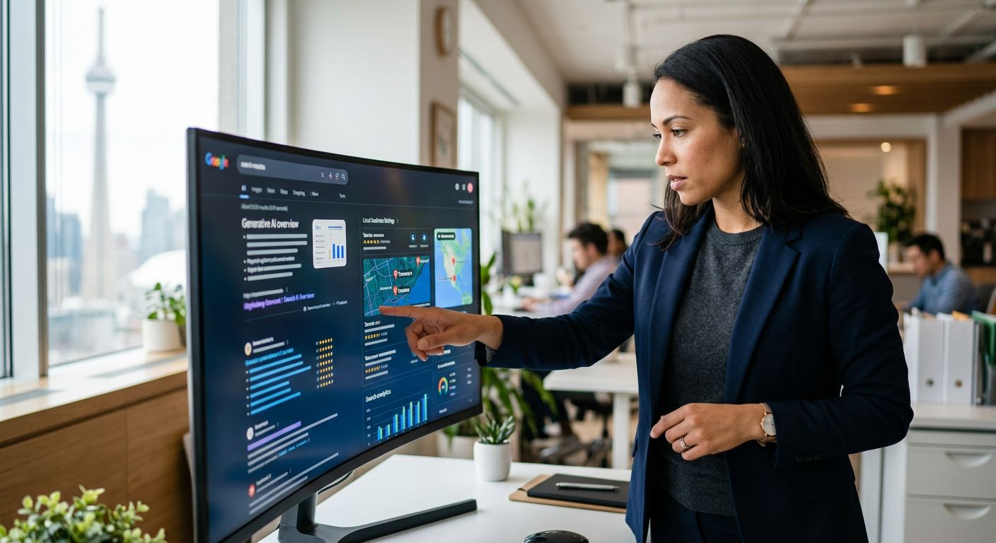 Digital marketing strategist analyzing AI search results and local business listings on a large monitor in a modern Canadian office.